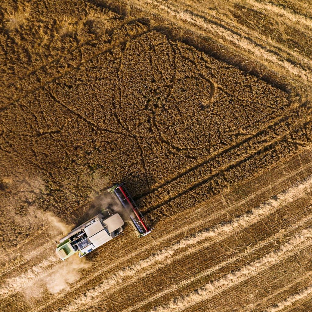 foto aérea realizada con dron de una cosechadora trabajando en una finca de ceraal, realizada por Fotograma Empresas de Vitoria